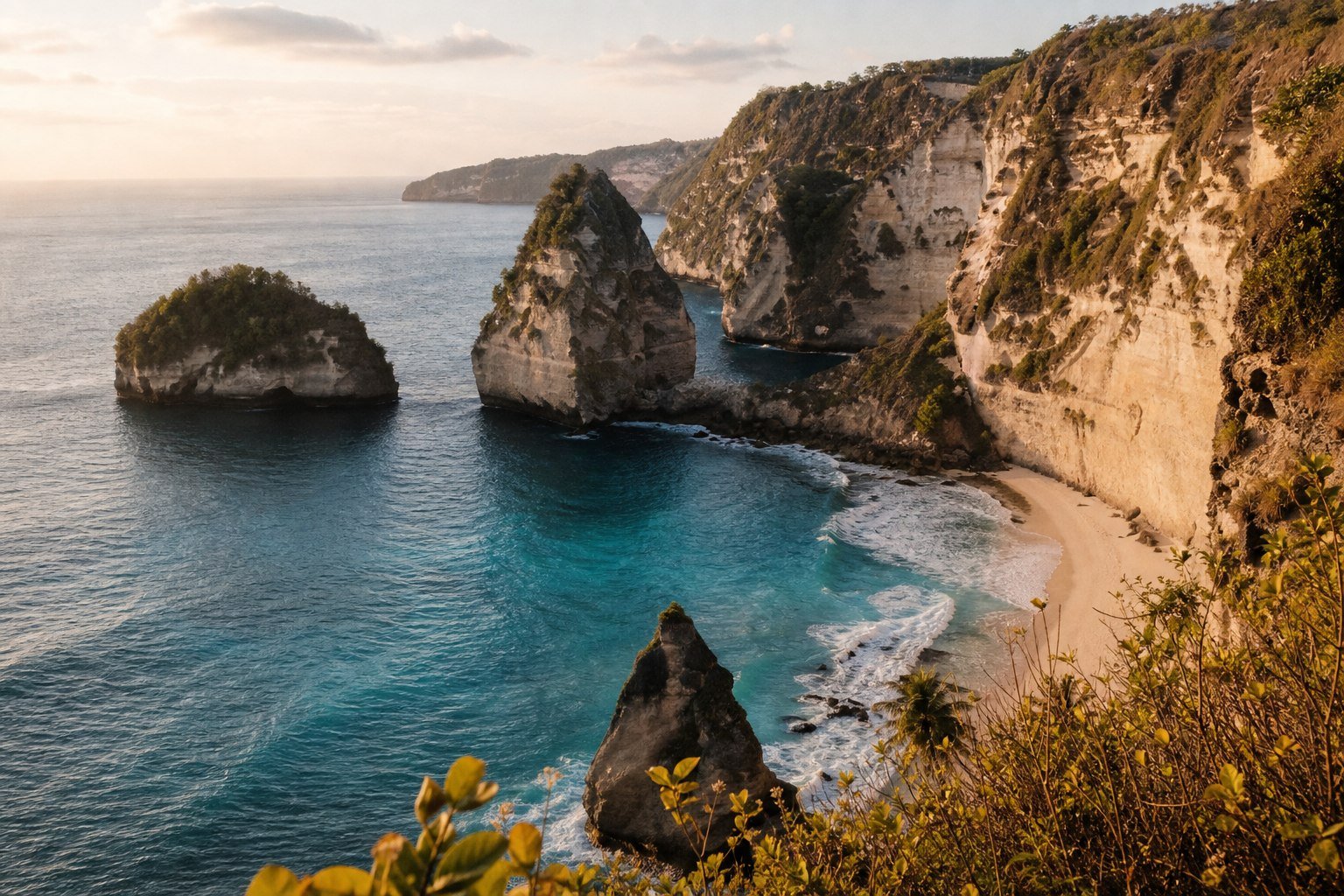 Golden limestone cliffs and turquoise water along Bali's southern coastline.