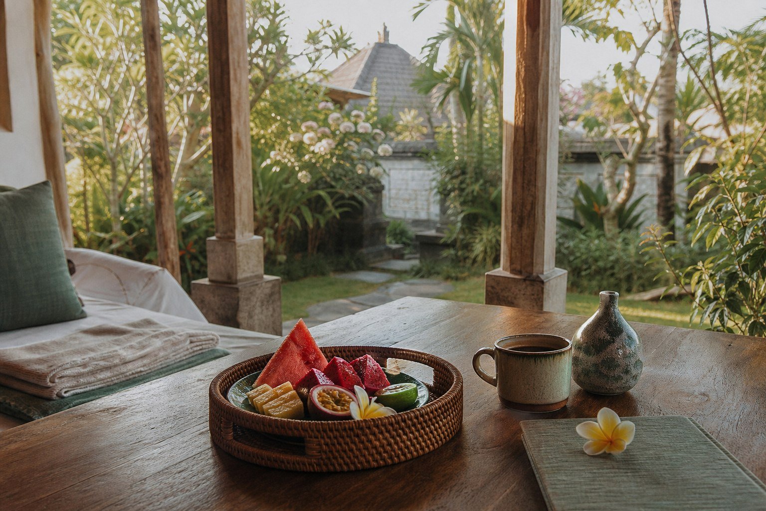 Tropical fruit and coffee served on the veranda of a peaceful Balinese guesthouse.