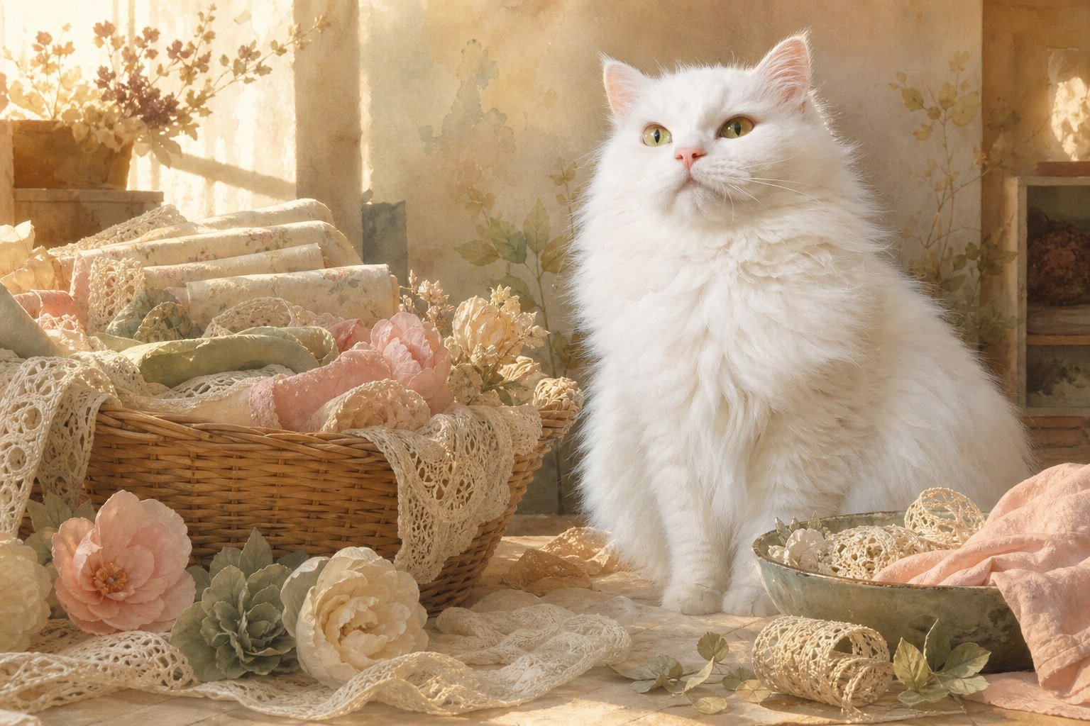 A cozy painted illustration of Bobo sitting among cream, pink, and green crafting materials.