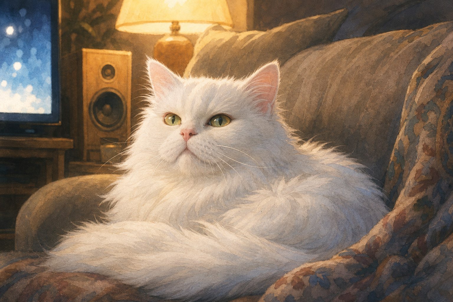 A warm painted illustration of Bobo curled on a sofa during a cozy movie and music night.